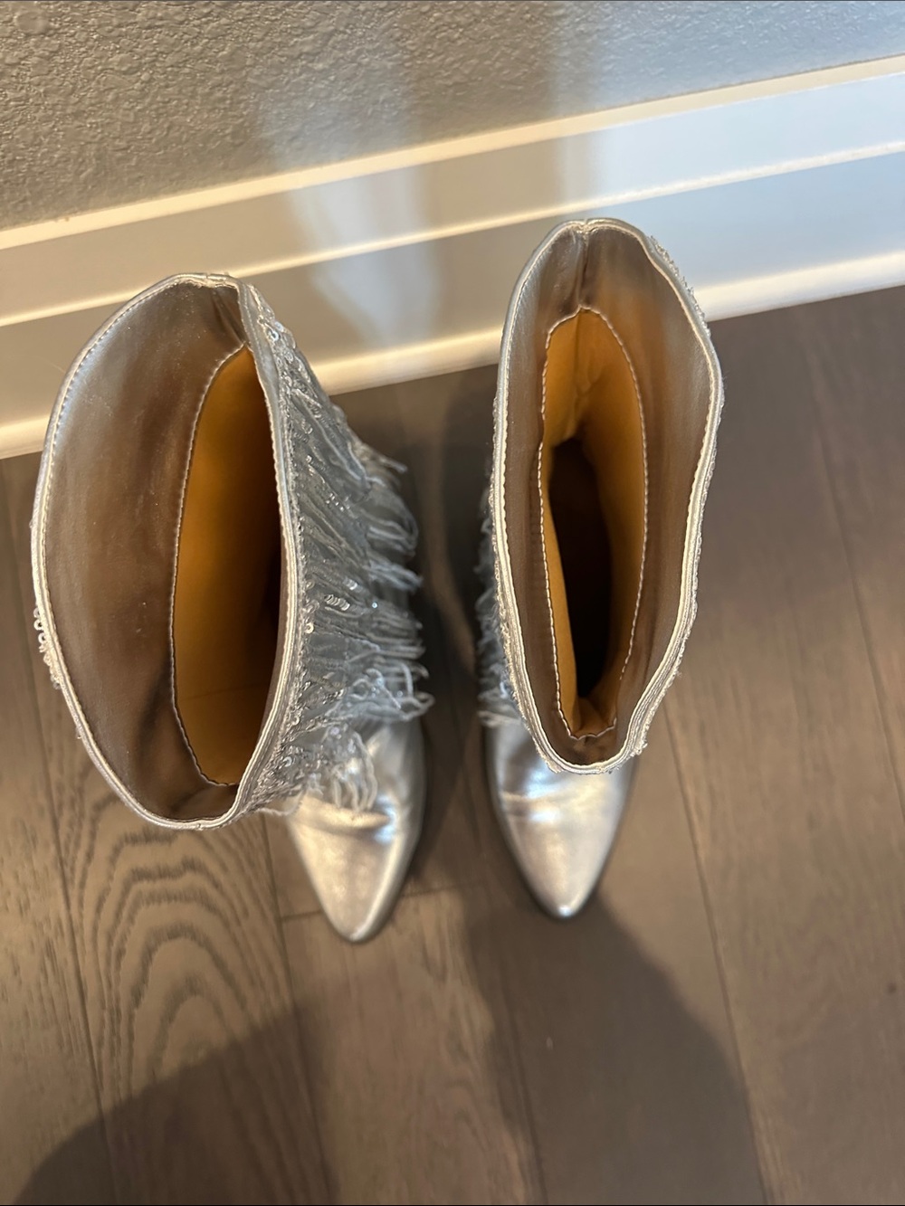 Silver Fringe Sequin Ankle Boots - Women's Metallic Booties - Picture 9 of 12